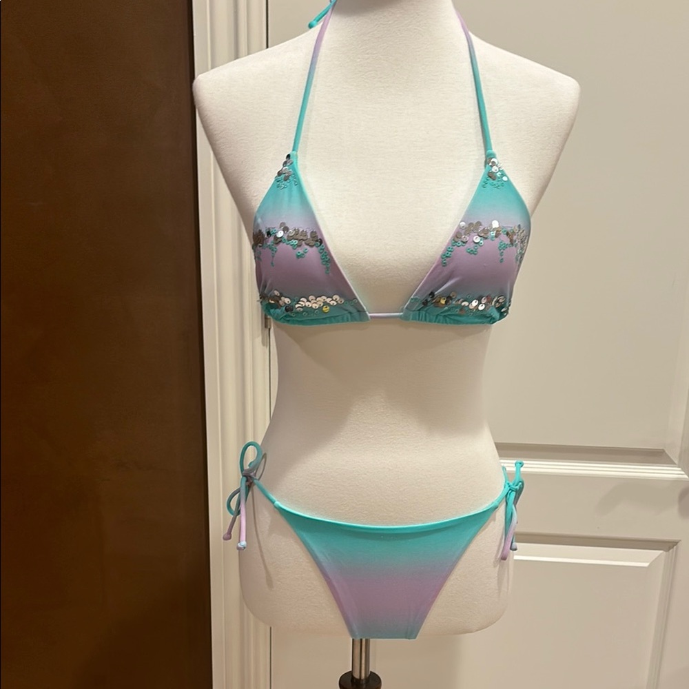 Sequin Embellished Teal and Purple Bikini